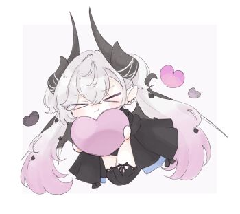 >_< 1girl boots chibi commentary_request demon_horns demon_wings fate/grand_order fate_(series) grey_hair heart highres holding holding_heart horns kuzuyu lilith_(fate) lilith_(second_ascension)_(fate) long_hair pointy_ears pout thigh_boots twintails wings