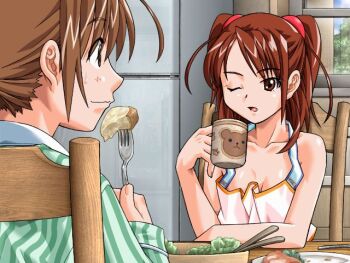 1990s_(style) 1boy 1girl apron bare_shoulders boku_no_himitsu_taiken bow breasts brown_eyes brown_hair chair closed_mouth cloud collarbone cup curtained_hair drink eating food fork game_cg green_shirt hair_bow hair_ribbon holding holding_cup holding_fork indoors loli mame naked_apron nipple_slip nipples on_chair one_eye_closed open_mouth parted_bangs parted_lips profile red_eyes red_hair red_ribbon refrigerator retro_artstyle ribbon saeki_akira saeki_yuki_(boku_no_himitsu_taiken) shirt short_hair sidelocks sitting sky small_breasts smile table tree twintails upper_body wavy_mouth window