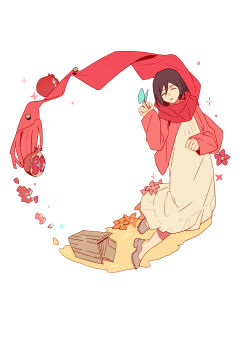 Rule 34 | 1girl, absurdres, birdhouse, black hair, blue butterfly, bug, butterfly, butterfly on hand, cardigan, closed eyes, commentary request, dress, floating, flower, food, fruit, full body, grey shoes, hair between eyes, highres, insect, long dress, mikasa ackerman, orange flower, parted lips, pink cardigan, pink flower, pomegranate, red scarf, scarf, shingeki no kyojin, shoes, short hair, solo, white background, white dress, zest (kumolyy)