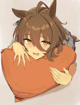 1girl absurdres agnes_tachyon_(umamusume) ahoge animal_ears blush brown_hair chemical_structure ear_ornament earrings fuse_gomame hair_between_eyes highres horse_ears horse_girl horse_tail huge_ahoge hugging_object jewelry looking_at_viewer open_mouth pillow pillow_hug pleated_skirt red_eyes short_hair single_earring skirt smile solo tail umamusume white_skirt