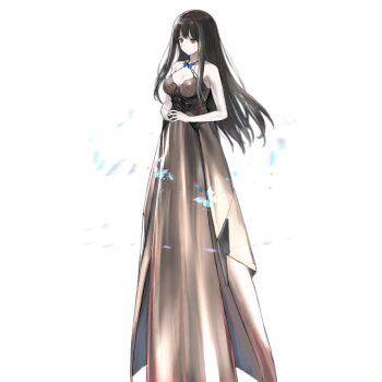 Rule 34 | 1girl, artist request, bare shoulders, breasts, brooch, brown dress, brown hair, bug, butterfly, butterfly brooch, cleavage, closed mouth, dress, expressionless, full body, girls' frontline, green hair, insect, jewelry, large breasts, light blush, long dress, long hair, lunasia (girls' frontline), m4a1 (girls' frontline), multicolored hair, official art, own hands together, sidelocks, simple background, solo, spoilers, standing, streaked hair, third-party source, transparent background, very long hair