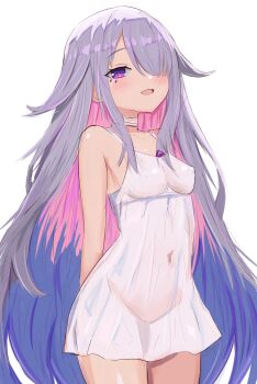 1girl absurdres bare_shoulders chest_jewel commentary covered_erect_nipples dress english_commentary flygombal grey_hair highres hololive hololive_english koseki_bijou long_hair purple_eyes purple_hair see-through_clothes see-through_dress solo very_long_hair virtual_youtuber white_dress
