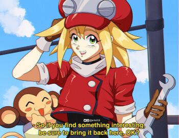 1girl artistc0 black_bodysuit blonde_hair bodysuit brown_gloves cropped_legs data_(mega_man) english_text gloves green_eyes highres holding holding_wrench looking_at_viewer mega_man_(series) mega_man_legends_(series) monkey open_mouth red_headwear red_shirt roll_caskett_(mega_man) shirt signature sky smile subtitled teeth thumbs_up wrench