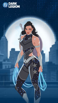 1girl armlet bare_shoulders black_hair blue_eyes bodysuit boots bracer cityscape clothing_cutout collarbone dc:_dark_legion dc_comics donna_troy earrings full_moon grey_bodysuit hair_behind_ear halterneck highres holding_lasso jewelry lasso long_hair moon moonlight multicolored_bodysuit narrow_waist night official_art parted_hair red_lips reference_sheet side_cutout silver_armlet silver_boots silver_earrings sky sleeveless sleeveless_bodysuit sparkling_clothes star_(sky) star_(symbol) star_earrings starry_sky toned toned_female wavy_hair