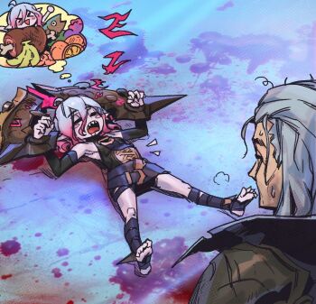 1boy 1girl ahoge banana belt black_belt black_jacket blood blood_on_ground blush briar_(league_of_legends) closed_eyes detached_sleeves dreaming drooling fish food fruit full_body gradient_hair grey_hair hair_between_eyes jacket league_of_legends legs lying meat multicolored_hair on_back on_ground open_mouth orange_(fruit) orange_slice phantom_ix_row pink_hair pointy_ears saliva sidelocks sleeping soles stirrup_legwear streaked_hair swain_(league_of_legends) sweatdrop toeless_legwear toes two-tone_hair upper_body vampire wrist_cuffs zzz