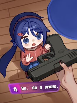 2girls :o caption chibi chibi_mita_(miside) crazy_mita_(miside) english_text female_pov fewer_digits giving go_do_a_crime_(meme) gun hair_ornament hairband handgun highres holding holding_gun holding_weapon iffyru meme mini_person minigirl miside mita_(miside) multiple_girls pov pov_hands skirt weapon