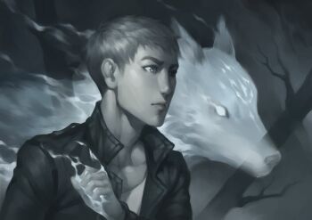 1boy black_jacket closed_mouth commentary english_commentary grey_background grey_eyes grey_hair jacket lips looking_ahead lydialing_draws male_focus nose original realistic short_hair solo upper_body very_short_hair wolf