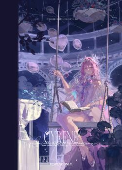 1girl absurdres ankii_illus balloon bare_shoulders breasts bridal_veil character_name commentary cyrene_(demiurge)_(honkai:_star_rail) cyrene_(honkai:_star_rail) dated_commentary diamond-shaped_pupils diamond_(shape) dress hair_intakes halo heart_balloon high_heels highres honkai:_star_rail honkai_(series) large_breasts long_hair on_swing pink_hair pointy_ears purple_eyes smile solo swing symbol-shaped_pupils veil very_long_hair white_dress