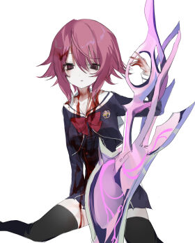 1girl absurdres black_dress black_thighhighs blood blood_in_hair blood_on_clothes blood_on_face blood_on_hands bow braised_cutlass chaos;child cropped_jacket d-sword dress hair_ornament hekiho_academy_school_uniform highres holding holding_sword holding_weapon looking_at_viewer miniskirt onoe_serika pink_hair sailor_collar school_uniform science_adventure short_dress short_hair simple_background sitting skirt solo sword thighhighs thighs wariza weapon white_background white_sailor_collar zettai_ryouiki