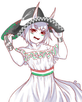 1girl absurdres bare_shoulders bob_cut breasts commentary dress english_commentary facepaint fangs fate/grand_order fate_(series) frills gloves greyscale hat hectaryecgaa highres horns horns_through_headwear long_dress mexican_clothes mexican_dress monochrome off-shoulder_dress off_shoulder open_mouth shuten_douji_(fate) single_glove skin-covered_horns small_breasts smile solo sombrero spot_color