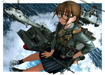 1girl aircraft aqua_eyes border brown_hair bulletproof_vest commentary_request glasses green_shirt green_skirt hand_on_own_knee helicopter highres hmas_kanimbla_(l51) kantai_collection looking_at_viewer military military_vehicle ocean original outdoors personification phalanx_ciws ponytail radio_handset rigging royal_australian_navy shirt sidelocks sikorsky_sh-3_sea_king skirt smile timmyyen white_border