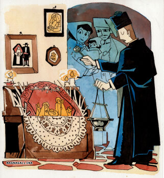 baby baby_carry biretta black_robe blessing_gesture brown_hair bull candle carrying cassock christian_mythology coat donkey facial_hair family flower hat headscarf highres holy_water indoors jesus magnagallina mustache nativity original picture_frame priest robe saint_joseph smile virgin_mary