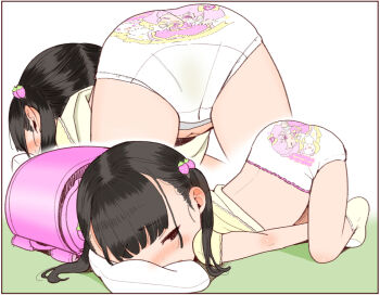1girl abaji all_fours ass backpack bag black_border black_eyes blunt_bangs blush border large_variant_set loli multiple_views original panties pink_bag randoseru short_twintails simple_background socks stained_panties top-down_bottom-up twintails underwear variant_set white_background white_panties white_socks
