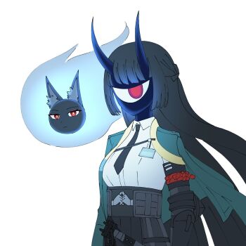 1girl animal_ear_fluff animal_ears black_hair black_necktie black_skin blue_fire blunt_bangs bright_pupils colored_skin commentary cyclops demon_girl disembodied_head english_commentary expressionless fire floating_head fox_ears green_jacket highres hoshimi_miyabi jacket katana klaivre_p long_hair looking_at_viewer necktie one-eyed red_eyes shirt sidelocks simple_background species_switch sword tailless_(zenless_zone_zero) upper_body weapon white_background white_pupils white_shirt zenless_zone_zero