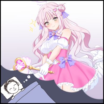 1boy 1girl angel_wings blue_archive blush closed_mouth detached_sleeves doodle_sensei_(blue_archive) dreaming dress feathered_wings gloves hair_bun hair_ornament halo heart heart_hair_ornament holding holding_wand long_hair low_wings madakimetanai magical_girl mika_(blue_archive) pink_dress pink_hair pink_halo puffy_short_sleeves puffy_sleeves purple_eyes sensei_(blue_archive) short_sleeves single_hair_bun single_side_bun sleeveless sleeveless_dress smile very_long_hair wand white_gloves white_wings wings