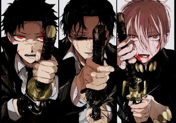 21g_yaseru 3boys black_gloves black_hair black_jacket black_necktie blood blood_on_face closed_eyes collared_shirt enten_(sword) facial_mark facial_scar gloves highres hiruhiko_(kagurabachi) holding holding_sword holding_weapon jacket kagurabachi katana kumeyuri_(sword) long_sleeves looking_at_viewer male_focus mark_under_both_eyes multiple_boys necktie pink_hair red_eyes rokuhira_chihiro samura_seiichi scar scar_across_eye scar_across_eyes scar_on_cheek scar_on_face shirt short_hair split_screen suit_jacket sunglasses sword tobimune_(sword) weapon white_shirt