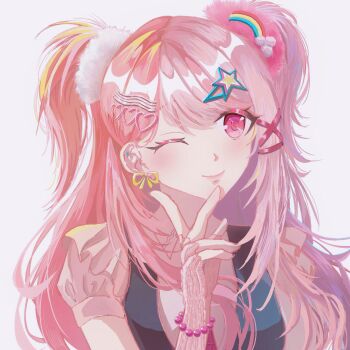 1girl bead_bracelet beads black_vest bracelet chinese_commentary closed_mouth collared_shirt commentary_request earrings eyelashes frilled_vest frills grey_background gyaru hair_ornament hair_scrunchie hairclip hand_on_own_chin happy heart heart_hair_ornament highres infinity_nikki jewelry light_blush lipstick long_hair looking_ahead luminous076 makeup multicolored_hair nikki_(series) one_eye_closed parallel_hairclips pink_arm_warmers pink_eyes pink_hair pink_lips pink_scrunchie pink_shirt puffy_short_sleeves puffy_sleeves rainbow_hair ribbon ribbon_earrings rosie_sweetheart_(infinity_nikki) scrunchie shirt short_sleeves simple_background single_earring smile solo split-color_hair star_(symbol) star_hair_ornament swept_bangs two_side_up upper_body v vest white_scrunchie x_hair_ornament y2k_fashion yellow_ribbon