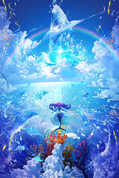 1girl absurdres blue_sky cloud commentary_request coral day flying_whale highres long_hair makoron117117 mermaid monster_girl ocean original outdoors rainbow red_hair scenery sky water whale
