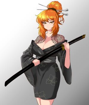 1girl absurdres black_kimono breasts cowboy_shot grey_background grey_sash hair_bun hair_ornament hair_stick highres holding holding_sword holding_weapon irezumi ishmael_(project_moon) japanese_clothes katana kimono kurokumo_clan_(identity)_(project_moon) large_breasts limbus_company looking_at_viewer obi off_shoulder orange_hair project_moon rope sash shoulder_tattoo simple_background solo soul_man sword tattoo weapon wide_sleeves