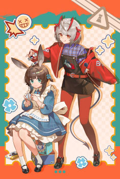 2girls :q absurdres amiya_(arknights) animal_ear_fluff animal_ears apron arknights belt black_shoes black_skirt blue_dress blue_eyes blue_shirt blunt_bangs brown_hair candy checkered_background chinese_commentary closed_mouth commentary_request cross-laced_shoes dress drop_shadow food frilled_dress frills full_body grey_hair highres holding holding_candy holding_food jacket long_sleeves mary_janes multiple_girls open_clothes open_jacket pantyhose rabbit_ears rabbit_girl red_belt red_jacket red_pantyhose shirt shoes short_hair sitting skirt smile socks sparkle tianqiyubao_euc tongue tongue_out w_(arknights) white_apron white_socks wrapped_candy