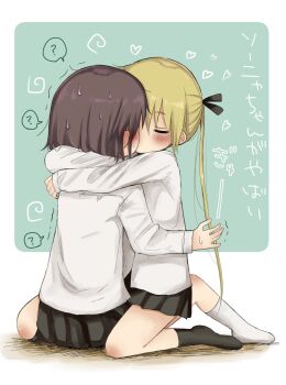 2girls blonde_hair blush brown_hair closed_eyes hair_ribbon hanabi_(yuruneko0624) highres hug kill_me_baby kiss long_hair multiple_girls necktie oribe_yasuna ribbon school_uniform shirt short_hair skirt sonya_(kill_me_baby) straddling sweat thighs translation_request twintails yuri