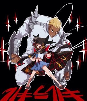 Rule 34 | 1boy, 1girl, blonde hair, blue neckerchief, blue sailor collar, blue skirt, bob cut, brown eyes, brown hair, crescent, crescent hat ornament, dark-skinned male, dark skin, earrings, gamagoori ira, geta, hair slicked back, hat, hat ornament, highres, honnoji academy school uniform, jacket, jacket on shoulders, jewelry, kayasamad, kill la kill, long coat, mankanshoku mako, muscular, muscular male, neckerchief, pants, protected link, sailor collar, school uniform, serafuku, shoulder spikes, sideburns, size difference, skirt, spikes, standing, star (symbol), thick eyebrows, white jacket