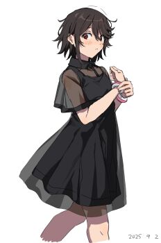 Rule 34 | 1girl, black dress, blush, cowboy shot, cropped legs, dated, dress, highres, looking at viewer, momijiyama teru, red eyes, see-through clothes, see-through dress, short hair, short sleeves, shy (series), solo, takatisakana
