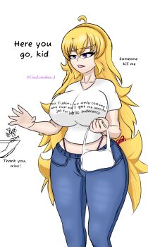 1boy 1girl artist_name bag blonde_hair bored breasts candy denim english_text food half-closed_eyes highres huge_breasts jeans long_hair midriff pants purple_eyes rwby shirt thong very_long_hair whale_tail_(clothing) yang_xiao_long
