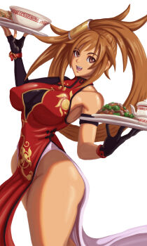 1girl absurdres alternate_costume arc_system_works arm_strap asymmetrical_gloves bare_hips black_gloves black_shirt breasts brown_eyes brown_hair china_dress chinese_clothes cleavage_cutout clothing_cutout covered_erect_nipples dress eyebrows eyelashes feet_out_of_frame female_focus fingerless_gloves food from_side gloves guilty_gear hands_up highres holding holding_tray impossible_hair kuradoberi_jam large_breasts long_hair long_sleeves looking_at_viewer looking_to_the_side matching_hair/eyes multicolored_dress open_mouth pelvic_curtain red_dress shirt simple_background single_bare_shoulder smile solo standing teeth tongue tray upper_teeth_only w_arms white_background white_dress wide_hips yellow_dress zilvan