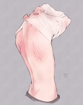 1boy absurdres artist_name back bleeding blood commentary cropped_torso english_commentary from_behind grey_background highres male_focus original saucybrtt scratches simple_background skinny solo undressing