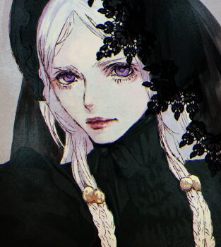 1girl absurdres black_bonnet black_dress bonnet braid dress elden_ring elden_ring_nightreign frills gothic_lolita highres lace lolita_fashion low_twin_braids official_alternate_costume parted_bangs portrait purple_eyes revenant_(elden_ring) solo twin_braids vbtem2rhxc2qchk white_background white_hair