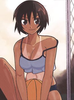 1girl absurdres azumanga_daiou ball basketball_(object) blurry blurry_background breasts brown_eyes brown_hair chain-link_fence cleavage closed_mouth collarbone fence highres holding holding_ball jeff_miga kagura_(azumanga_daioh) knee_up large_breasts looking_at_viewer navel outdoors short_hair smile solo sweat tan tanline