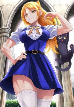 1girl belt belt_buckle black_belt blonde_hair blue_dress bow breasts buckle cat claude_sirius closed_mouth column_lineup commentary_request cowboy_shot dress floating_hair hair_bow hand_on_own_hip highres kuroneko_to_majo_no_kyoushitsu leo_regulus_(kuroneko_to_majo_no_kyoushitsu) long_hair looking_at_viewer medium_breasts muscular muscular_female natsupa official_art orange_bow outdoors puffy_short_sleeves puffy_sleeves ribbon shirt short_dress short_sleeves smile thighhighs white_shirt white_thighhighs yellow_eyes yellow_ribbon
