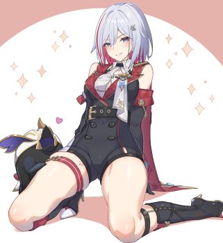 1girl absurdres black_boots black_unitard boots breasts commentary_request detached_sleeves grey_hair highres honkai:_star_rail honkai_(series) looking_at_viewer medium_breasts mole mole_on_thigh multicolored_hair numby_(honkai:_star_rail) purple_eyes red_hair short_hair smile thigh_strap thighs topaz_(honkai:_star_rail) trotter_(honkai:_star_rail) two-tone_hair yumegiwa_(skgl_thx)