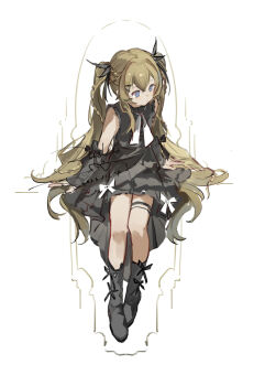 1girl arm_warmers bare_shoulders black_boots black_bow black_dress black_ribbon blue_eyes boots bow brown_hair closed_mouth dated double-parted_bangs dress dress_bow footwear_bow full_body hair_between_eyes hair_ribbon long_hair neck_ribbon original ribbon signature simple_background sitting solo twintails white_background white_bow white_ribbon zeriko