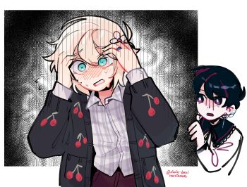 2boys absurdres alternate_costume antenna_hair artist_name basil_(faraway)_(omori) basil_(omori) black_cardigan black_eyes black_hair blonde_hair blue_eyes blush brown_pants cardigan collared_shirt commentary double-parted_bangs ear_piercing english_commentary flower hair_between_eyes hair_flower hair_ornament hands_on_own_head highres jewelry long_sleeves looking_at_another male_focus multicolored_hair multiple_boys omori open_cardigan open_clothes open_mouth pants piercing red_hair ring shirt short_hair streaked_hair sunny_(omori) sweat tosteurmori two-tone_hair white_shirt