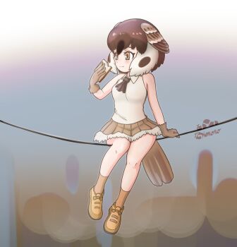 1girl absurdres bare_shoulders bird_girl bird_tail bird_wings black_hair blush bread bread_slice brown_eyes brown_gloves brown_hair brown_neckerchief brown_shoes brown_skirt brown_socks collared_shirt eating food frilled_skirt frills gloves hair_between_eyes head_wings highres kemono_friends multicolored_hair neckerchief nokemono-san_(bocchi_friend) pleated_skirt shirt shoes short_hair sidelocks sitting skirt sleeveless socks solo tail tree_sparrow_(kemono_friends) white_hair white_shirt wings wire