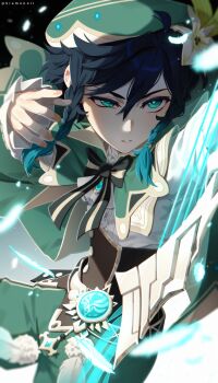 Rule 34 | 1boy, absurdres, anemo symbol (genshin impact), black hair, blue hair, braid, cape, collared cape, commentary, flower, genshin impact, gradient hair, green cape, green eyes, green hat, green shorts, hat, hat flower, highres, kiamonoii, male focus, multicolored hair, short hair with long locks, shorts, side braids, solo, twin braids, venti (genshin impact), vision (genshin impact), white flower