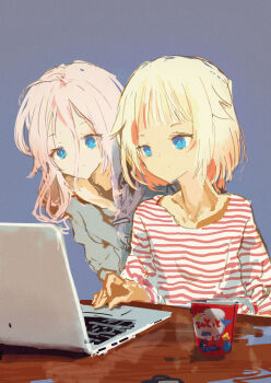 2girls absurdres alternate_costume at_computer behind_another blonde_hair cevio colored_inner_hair commentary_request computer cup food grey_background grey_shirt hair_between_eyes hair_flaps highres ia_(vocaloid) kabuyama_kaigi laptop leaning_forward long_hair long_sleeves multicolored_hair multiple_girls one_(cevio) orange_hair pink_hair red_shirt shirt siblings simple_background sisters snack striped_clothes striped_shirt table upper_body vocaloid
