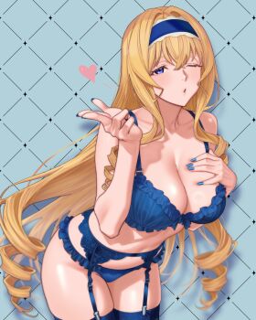 1girl blonde_hair blowing_kiss blue_bra blue_eyes blue_panties blush bra breasts cecilia_alcott garter_straps hairband hand_on_own_chest heart highres infinite_stratos large_breasts leaning_forward legs lingerie long_hair looking_at_viewer navel one_eye_closed panties pink_lips puckered_lips thighs underwear very_long_hair