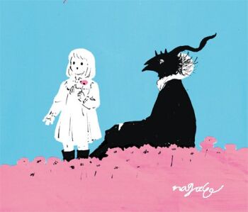 1boy 1girl black_coat black_fur blue_background blue_sky body_fur boots child coat commentary_request dress field flower flower_field furry furry_male holding holding_flower horns looking_at_another lowres nagabe outdoors pink_flower sensei_(totsukuni_no_shoujo) shiva_(totsukuni_no_shoujo) short_hair simple_background sky totsukuni_no_shoujo white_dress white_eyes white_hair