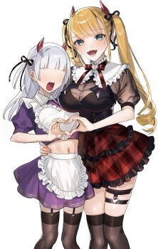 1boy 1girl apron aqua_eyes arm_around_waist black_garter_straps black_ribbon blonde_hair blunt_bangs breasts brown_thighhighs commentary_request crop_top crossdressing crossdressing_(mtf) faceless faceless_male feet_out_of_frame garter_straps hair_ribbon heart heart_hands heart_hands_duo height_difference highres horns large_breasts long_hair midriff navel open_mouth original plaid_clothes plaid_skirt purple_shirt purple_skirt red_horns red_skirt ribbon see-through_cleavage see-through_clothes see-through_sleeves shirt simple_background skirt smile thigh_strap thighhighs trap twintails uma_raclette waist_apron white_apron white_background white_hair