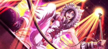 1boy arm_up armpits artist_request bare_shoulders belt wallet_chain black_hair black_shirt black_shoes black_socks blue_eyes cable chest_harness code_geass code_geass:_lost_stories concert crop_top dutch_angle fingerless_gloves fishnet_socks fishnet_top fishnets foreshortening fur-trimmed_hood fur_trim game_cg gloves grey_feathers grey_gloves hair_between_eyes hand_up happy harness highres holding holding_microphone holding_microphone_stand hood hood_up hooded_vest hoodie indoors looking_at_viewer male_focus mario_disel microphone microphone_stand midriff music navel non-web_source official_art open_mouth pants shirt shoes short_hair sidelocks singing sleeveless sleeveless_shirt smile socks solo sparkle spotlight spread_legs squatting stage stage_lights stomach stomach_tattoo striped_clothes striped_gloves sweat tattoo teeth toned torn_clothes torn_pants v-shaped_eyebrows vest white_pants white_vest