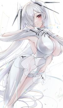 1girl absurdres armpit_cutout bodysuit cinderella_(nikke) clothing_cutout goddess_of_victory:_nikke good_thighs_day hair_over_one_eye hashtag-only_commentary highres leg_cutout navel_cutout one_eye_covered see-through_bodysuit see-through_clothes see-through_skirt skirt solo stomach_cutout tokujou_mino white_bodysuit