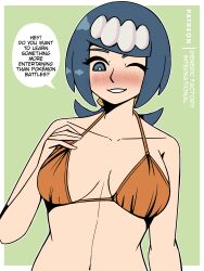Rule 34 | 1girl, areola slip, artist name, bikini, breasts, cleavage, english text, flirting, hand on own hip, highres, lana&#039;s mother (pokemon), large breasts, looking at viewer, low ponytail, mature female, navel, nintendo, one eye closed, orange bikini, parted lips, pokemon, pokemon sm, solo, swimsuit, wink