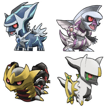 animal_focus arceus black_sclera blacknirrow blue_gemstone chest_jewel chibi claws colored_sclera dialga dragon fangs full_body gem gen_4_pokemon giratina giratina_(origin) green_gemstone green_sclera highres legendary_pokemon mythical_pokemon nintendo no_humans open_mouth palkia pink_gemstone pokemon pokemon_(creature) red_eyes simple_background spikes standing white_background