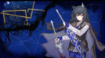 1girl absurdres animal_ears arknights black_coat black_hair black_vest blue_eyes blue_gloves blue_shorts closed_mouth coat coat_on_shoulders collared_shirt dual_wielding fingerless_gloves gloves grey_coat hair_between_eyes highres holding holding_sword holding_weapon kaera long_hair long_sleeves looking_at_viewer magic multicolored_eyes official_alternate_costume shirt shorts solo sword texas_(arknights) texas_the_omertosa_(arknights) two-sided_coat two-sided_fabric two-tone_eyes vest weapon white_shirt wolf_ears wolf_girl yellow_eyes