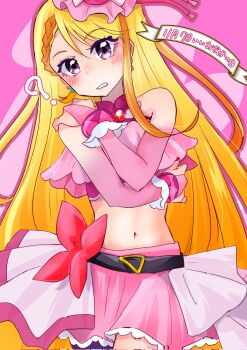 1girl blonde_hair braid brooch cowboy_shot crossed_arms cure_butterfly earrings embarrassed gloves hat highres hirogaru_sky!_precure jewelry long_hair looking_at_viewer magical_girl manekineko5319 midriff navel orange_hair pantyhose pink_hat pink_skirt precure purple_eyes purple_pantyhose single_leg_pantyhose skirt solo very_long_hair wing_brooch