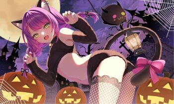1girl animal_ears blush cat_ears cat_girl cat_tail full_moon halloween halloween_costume highres hololive jack-o&#039;-lantern moon nametakeko night silk spider_web tail tokoyami_towa