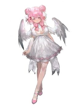 1girl bow breasts chinese_commentary cleavage cleavage_cutout closed_mouth clothing_cutout commentary_request double_bun dress dress_bow feathered_wings full_body hair_between_eyes hair_bun hair_ornament hair_ribbon heart heart_cutout heart_hair_ornament highres large_breasts neck_ribbon original pink_bow pink_eyes pink_hair pink_ribbon pink_shoes ribbon see-through_clothes see-through_thighhighs shoes simple_background sleeveless sleeveless_dress smile solo thighhighs vihua6 white_background white_dress white_ribbon white_wings wings